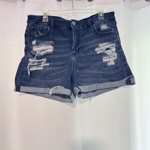 American Eagle Outfitters Dark Blue Distressed Roll-Hem Jean Shorts